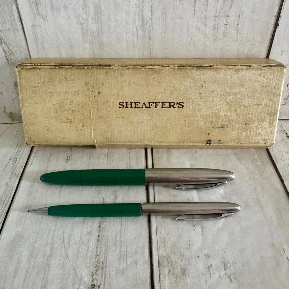 Vintage Sheaffer's Green Touchdown Fountain Pen and Mechanical Pencil Set Boxed